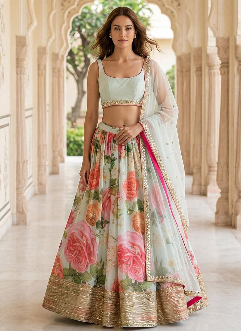 Sea Green Georgette Mirror-Work Lehenga