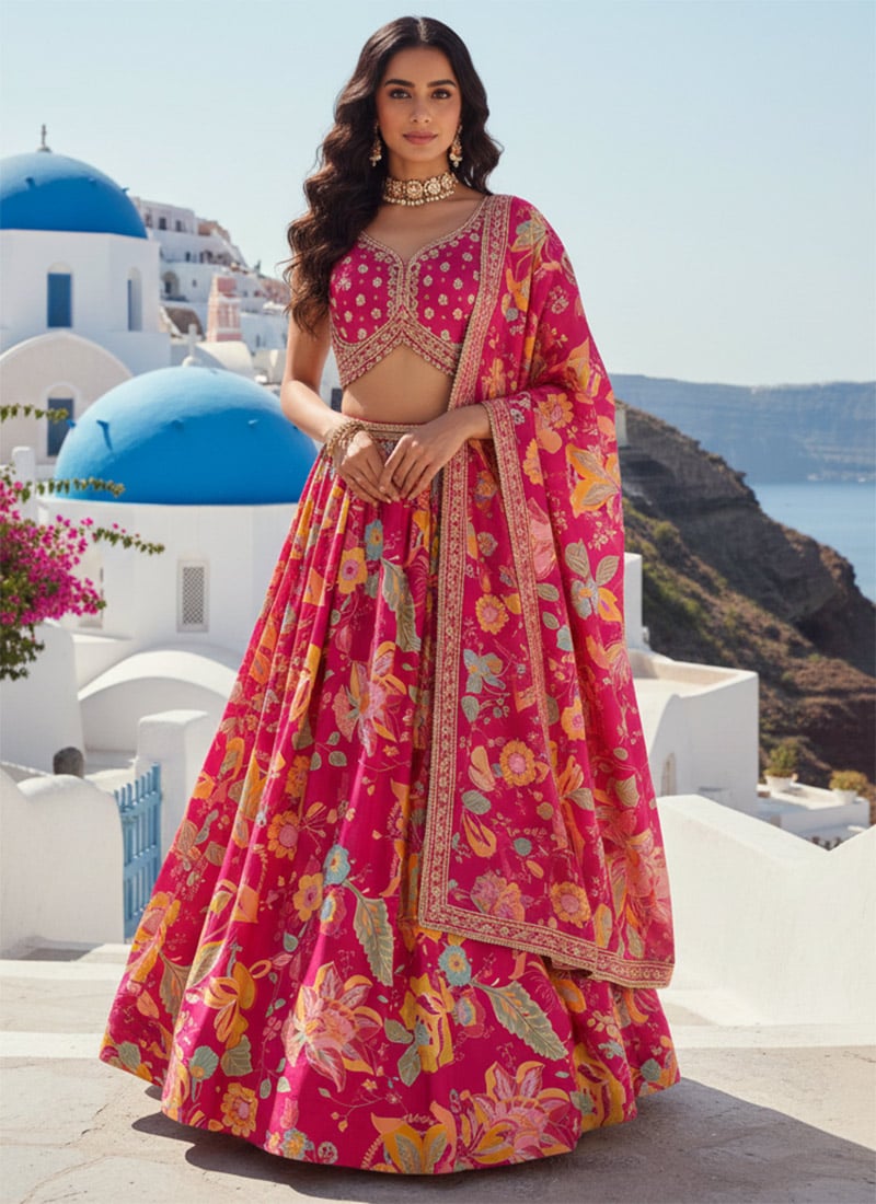 Pink Chinon Hand-Embroidered Lehenga