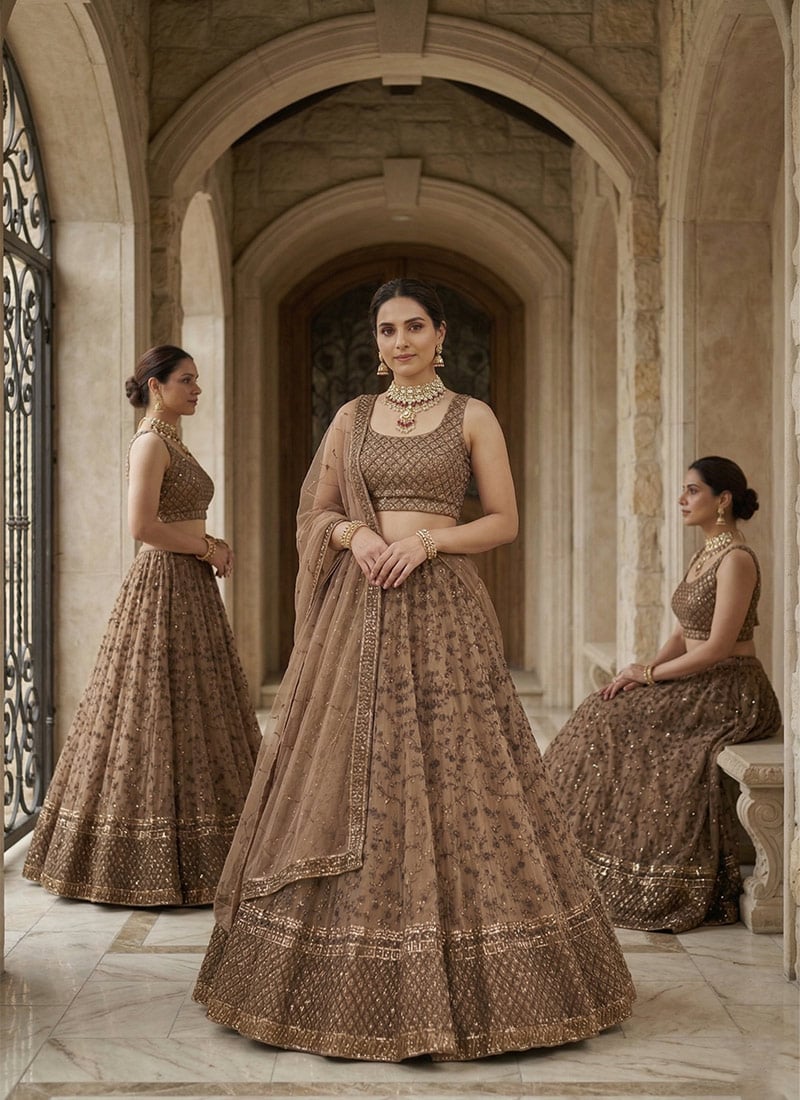 Brown Net Umbrella Lehenga