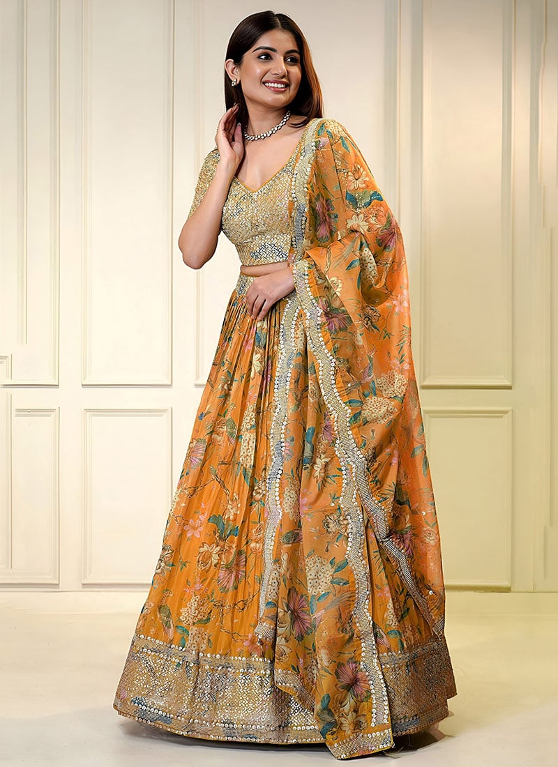 Orange Organza Floral Lehenga