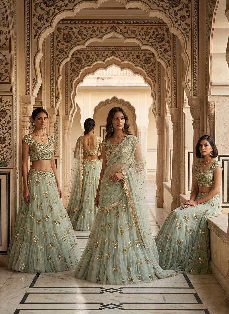 Mint Green Net Umbrella Lehenga