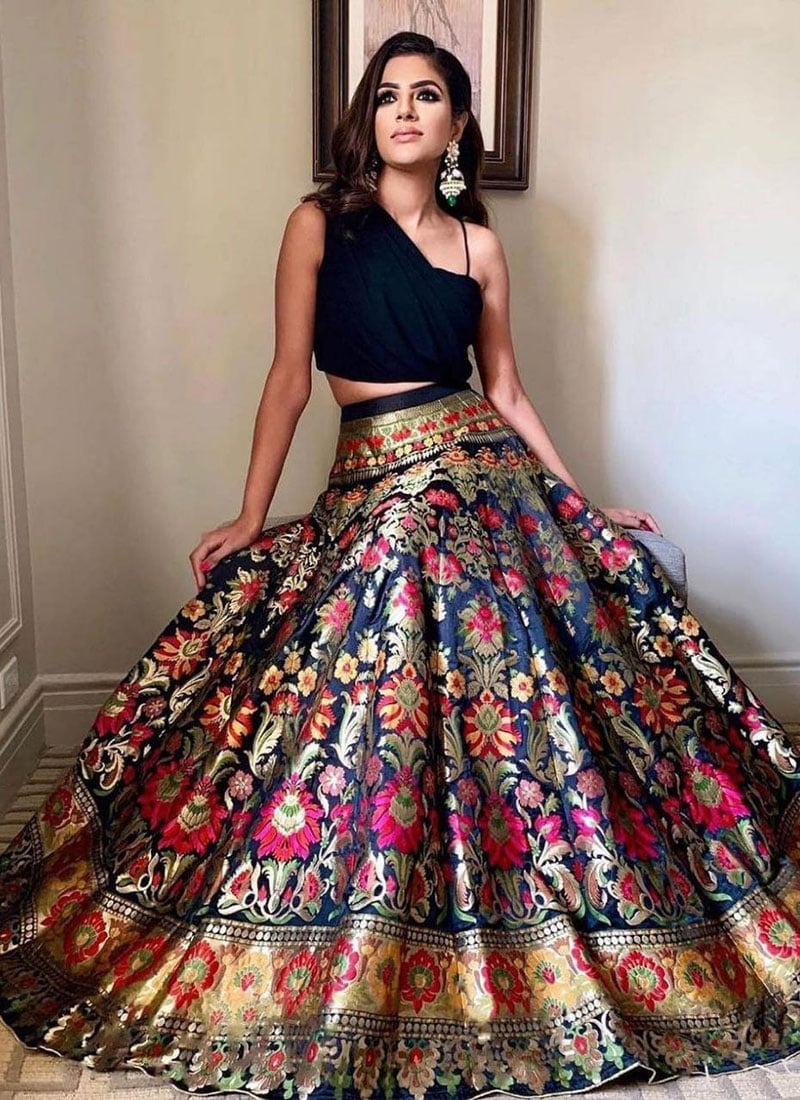 Black Silk Jacquard Indo-Western Skirt Set