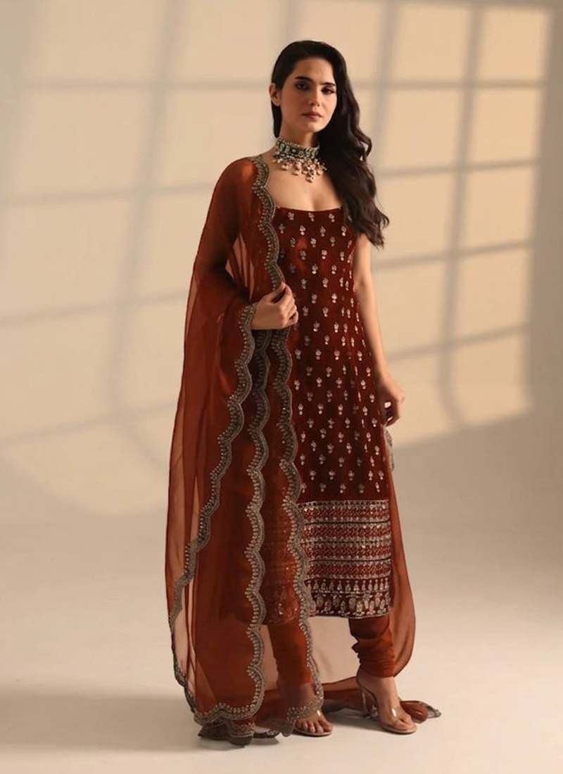 Maroon Satin Zari Straight Pant Suit