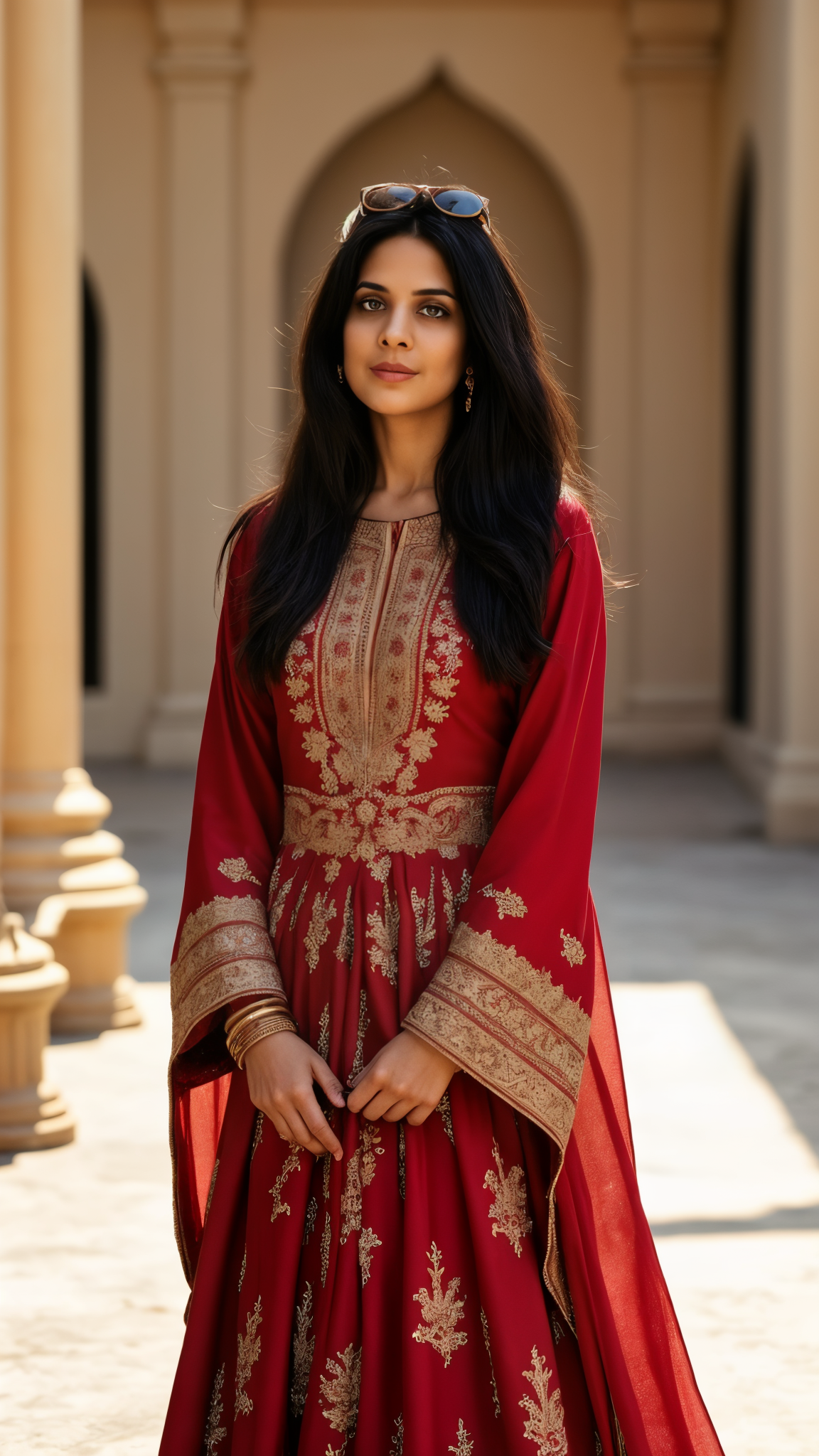 Palitha in a hand-embroidered crimson Banarasi bridal kaftan with gold zari work