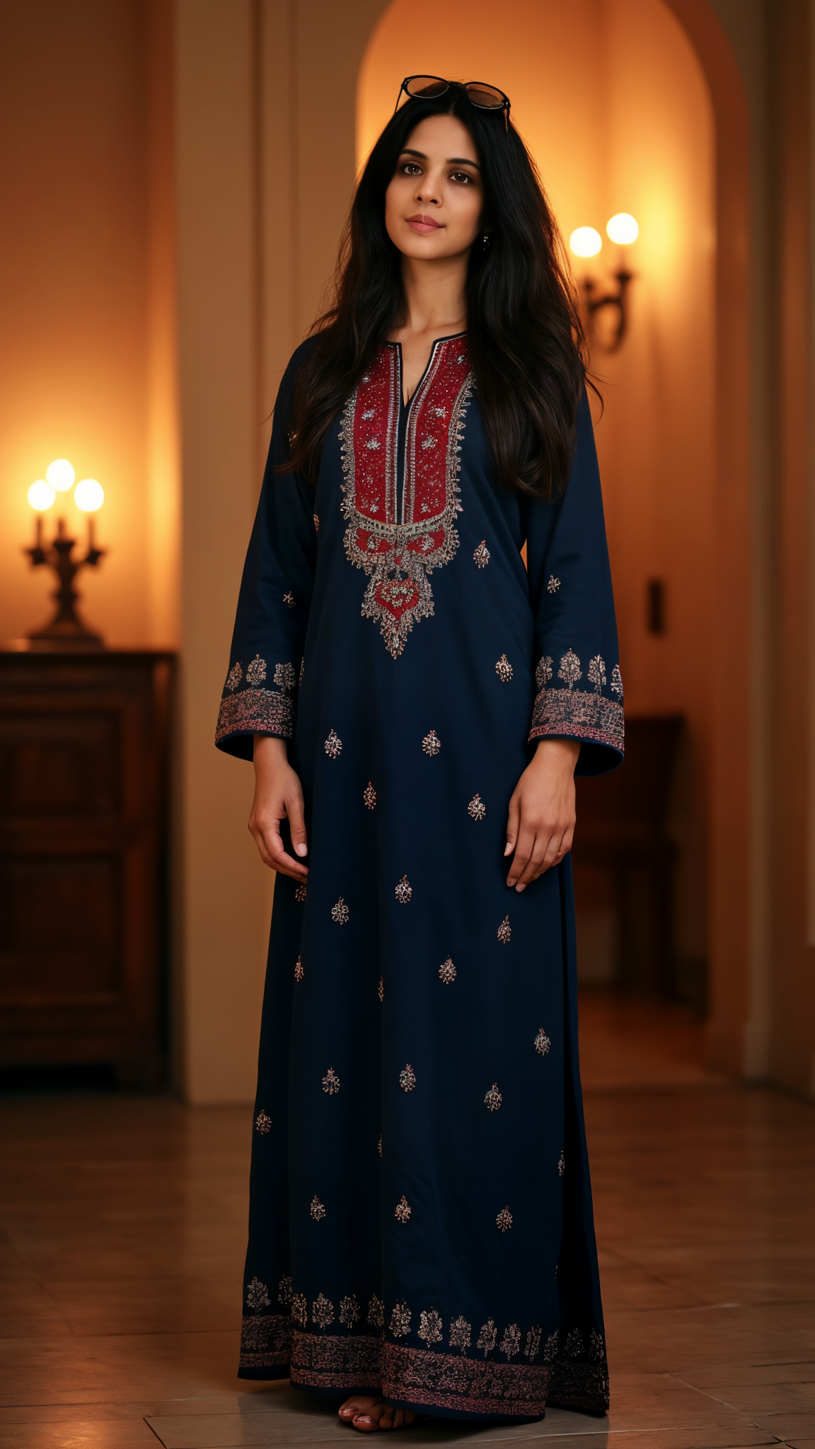 Navy Block-Print Evening Kaftan